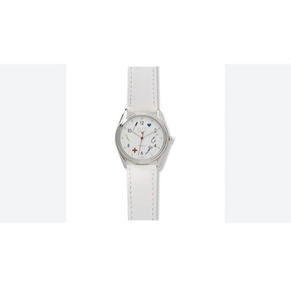 Nurse Mates symbols women's nurse watch water-resistant leather strap - White